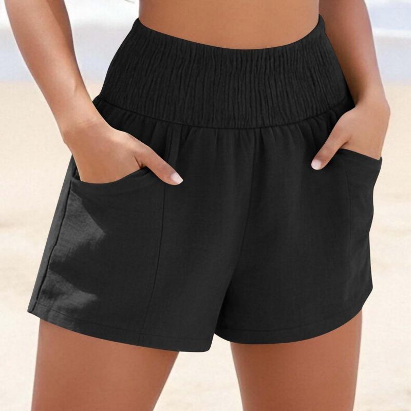 

women s Solid Color Smocked High Waist Casual Loose Beach Shorts With Pockets Summer Vacation Hot Pants S