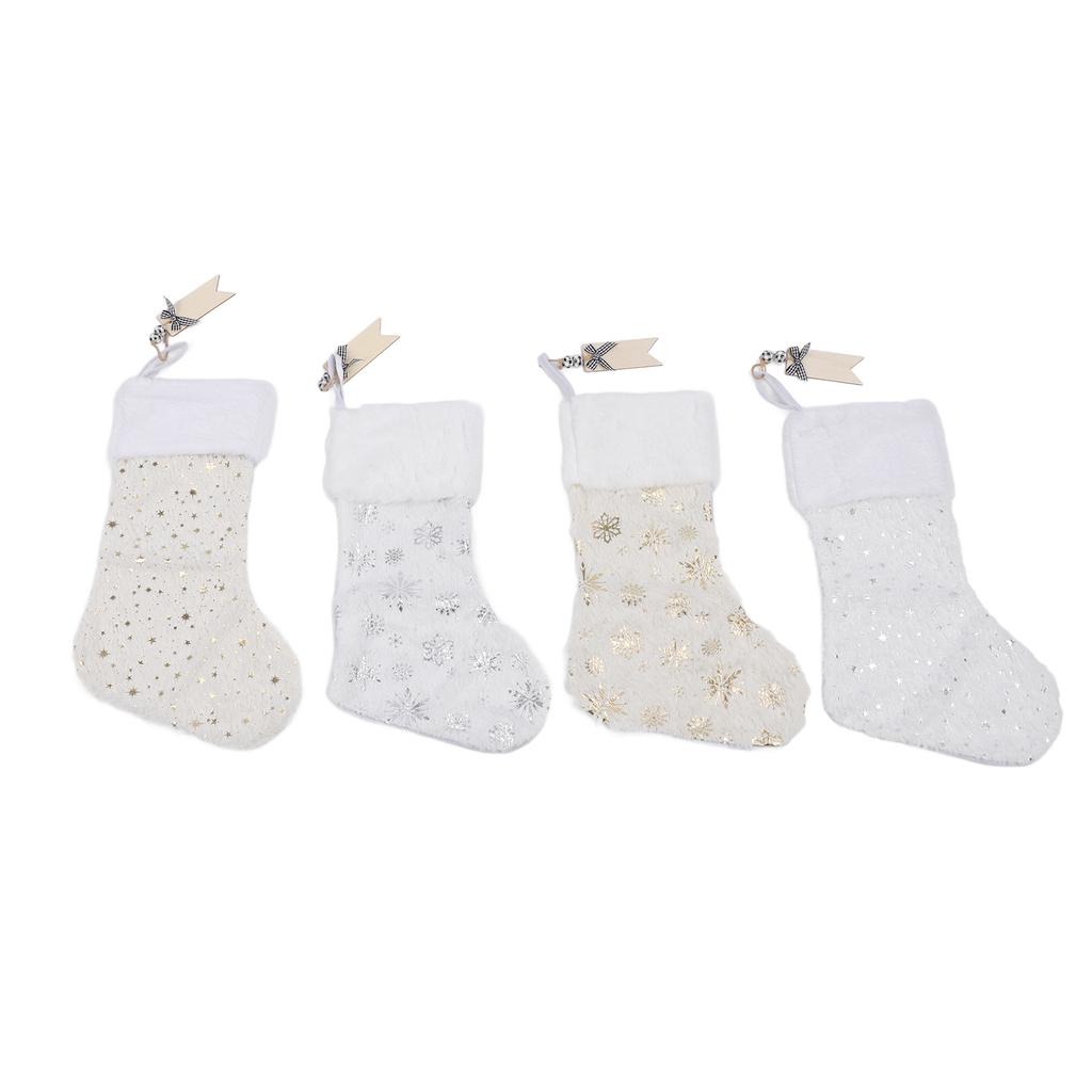 4pcs Stockings Decoration Snowflake Pattern Hot Stamping Technology Xmas Stockings with Wood Tags
