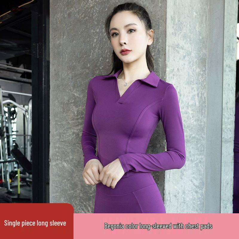 Women's Professional Yoga Suit with Chest Pads – Summer Pilates Training, Lapel, Long Sleeves, Outdoor-Ready Tight-Fitting Fitness Wear