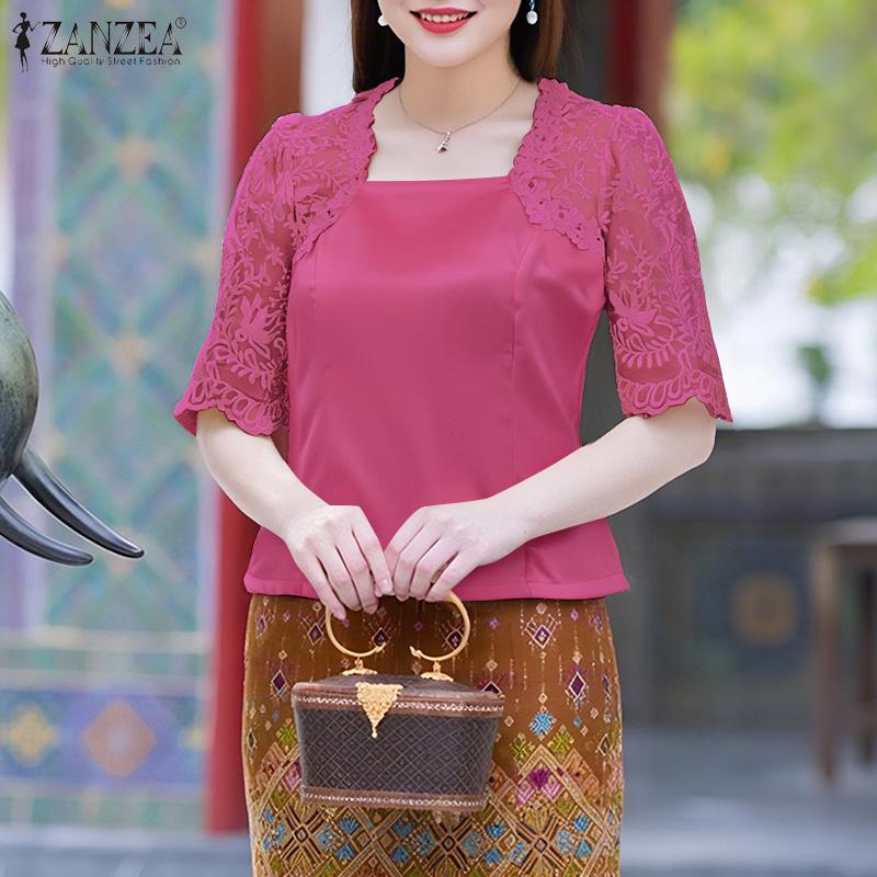 ZANZEA Women Square Neck Casual Lace Splice Half Sleeve Satin Blouse