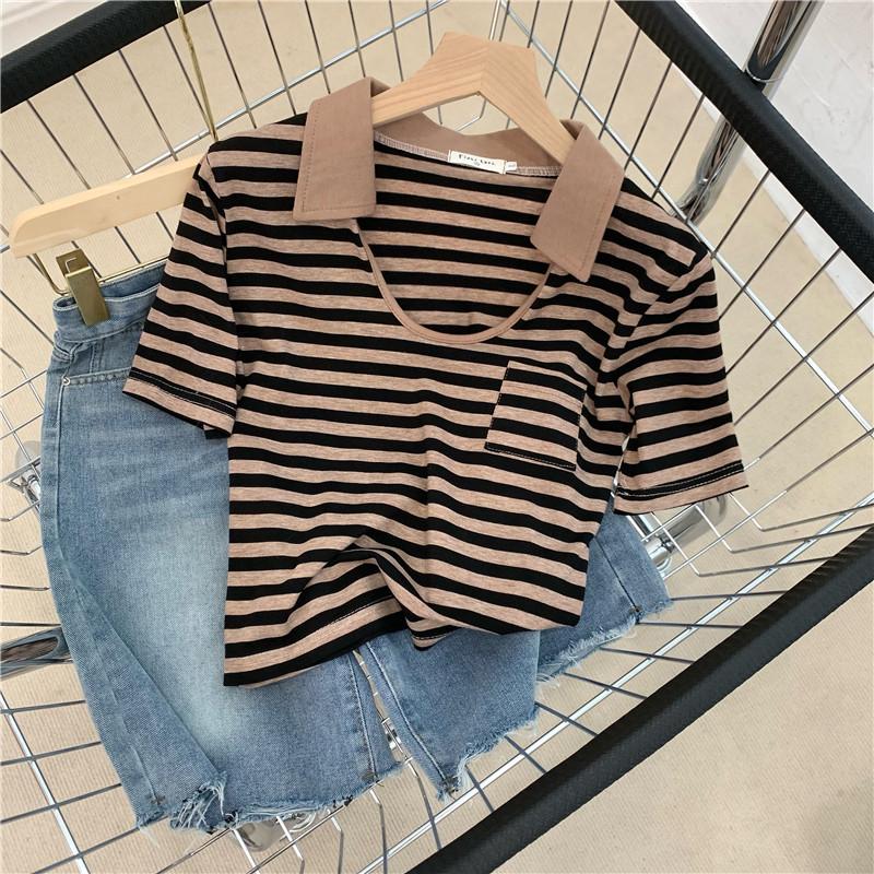 Physical Striped Polo Shirt Slim-Fit Striped Short Sleeve T-Shirt Women s Sexy Short Top S чёрный