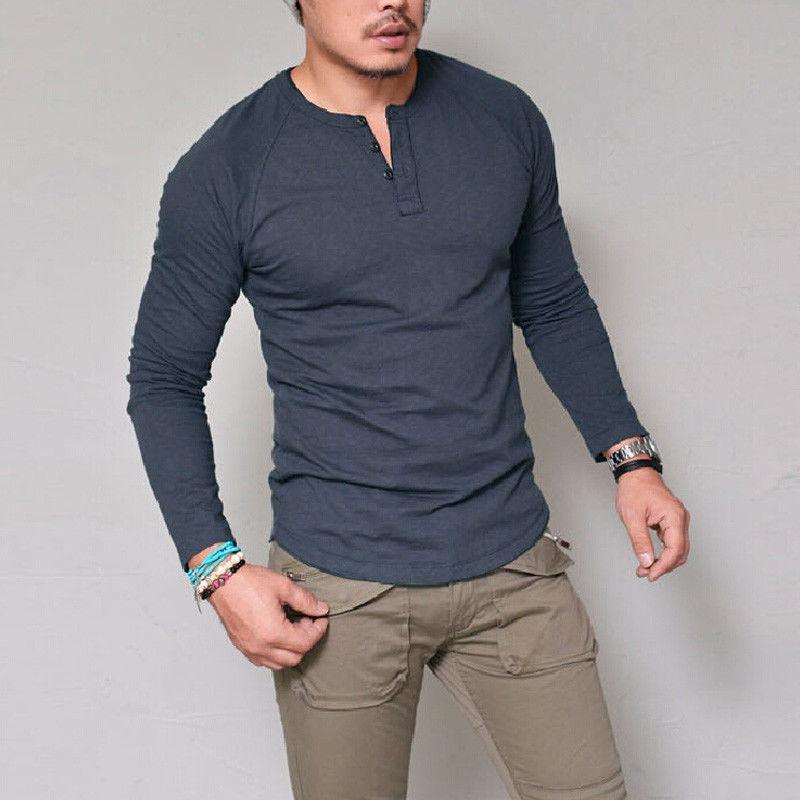 Mens Long Sleeve Henley T Shirt Solid Color Slim Fit Casual