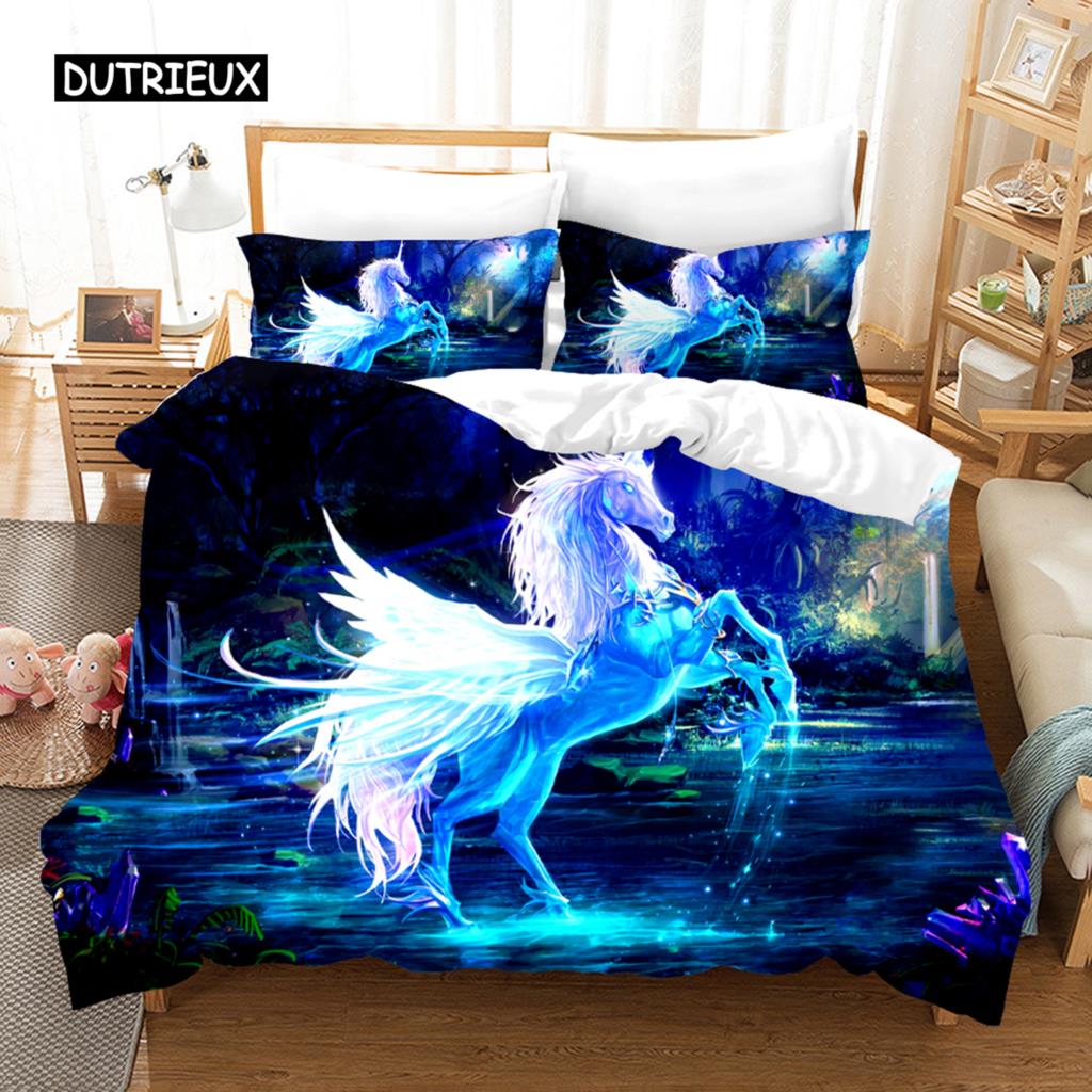 Pink Unicorn Duvet Cover for Kids Bedding Set Cartoon Flying Horse Design Bedroom Decor