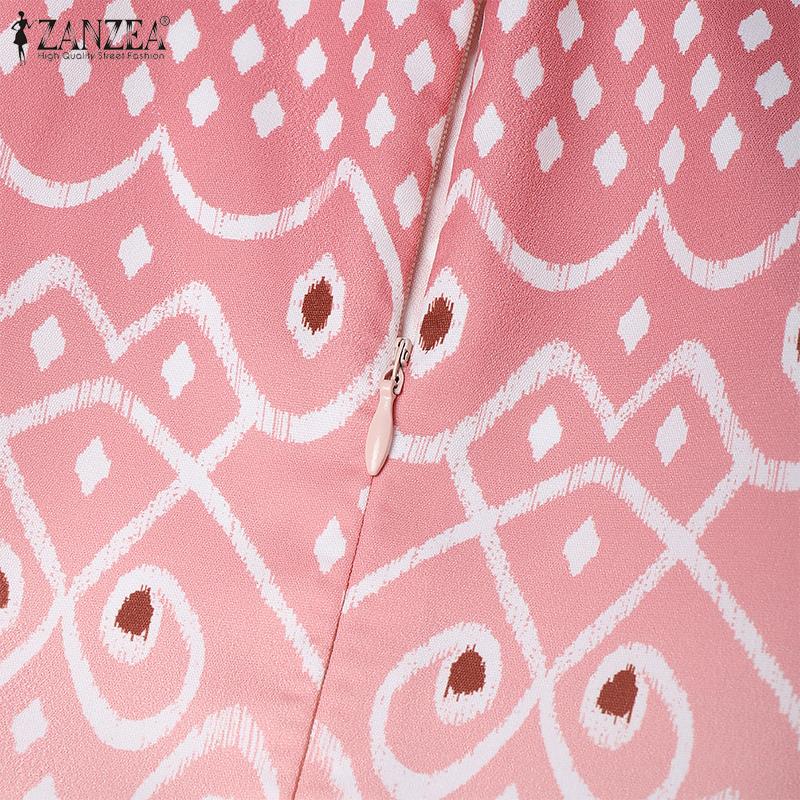 ZANZEA Kobiety Casualowy Letni Sukienka z Krótkim Rękawem i Nadrukiem z Dekoltem w Serek