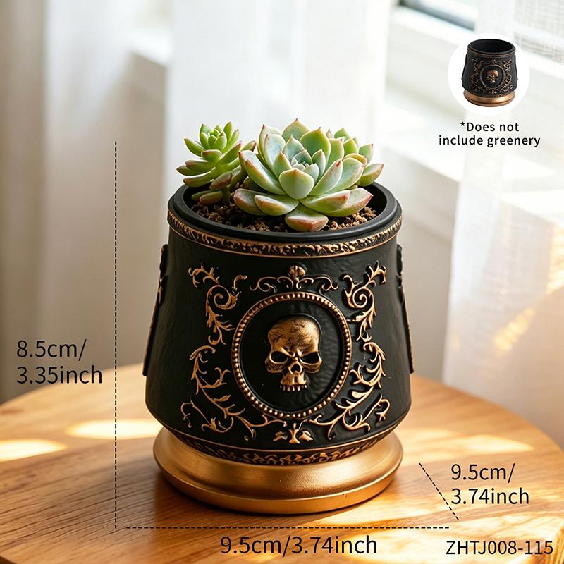 Gothic Skull Embossed Flower Pot Black Gold Resin Planter for Succulents Small Plants Home Office Desktop Window Decoration