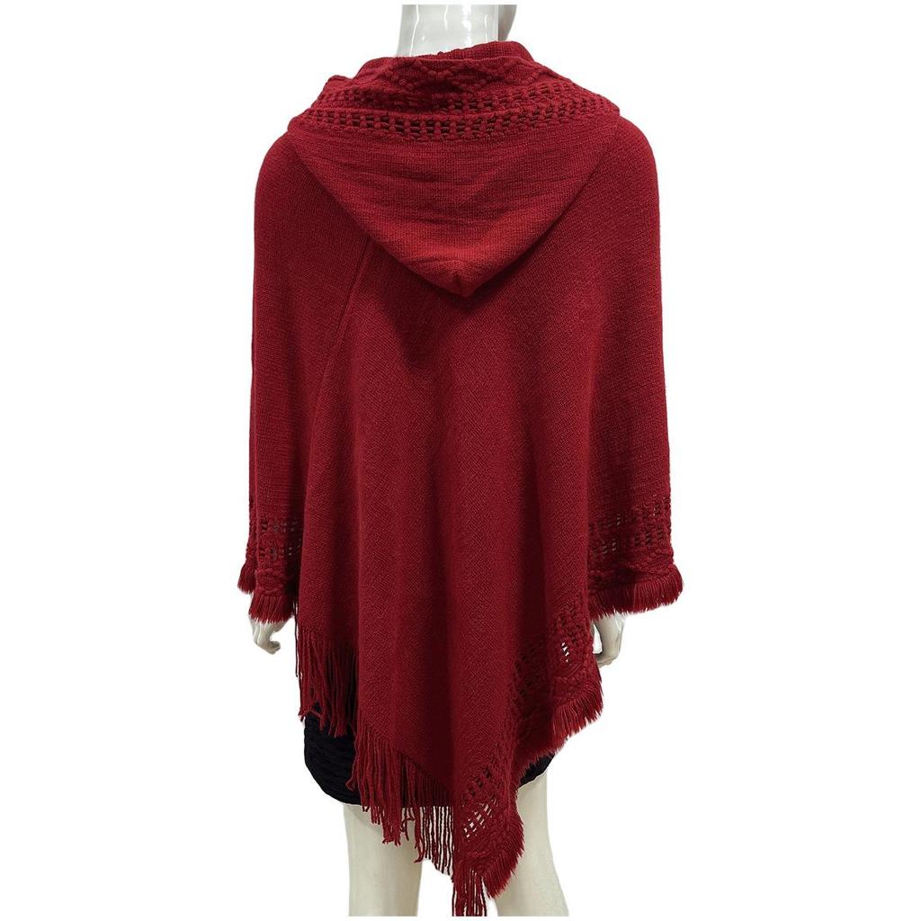 2023 Women's Solid Color Hooded Tassel Cutout Plus Size Slimming Cape Shawl