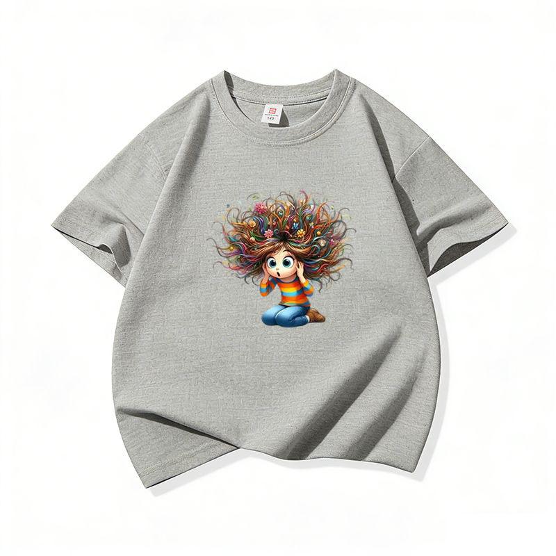 Kids Cotton T Shirt Surprised Girl With Colorful Hair Print Crew Neck Short Sleeve Tee Casual Boys Girls Summer Tops