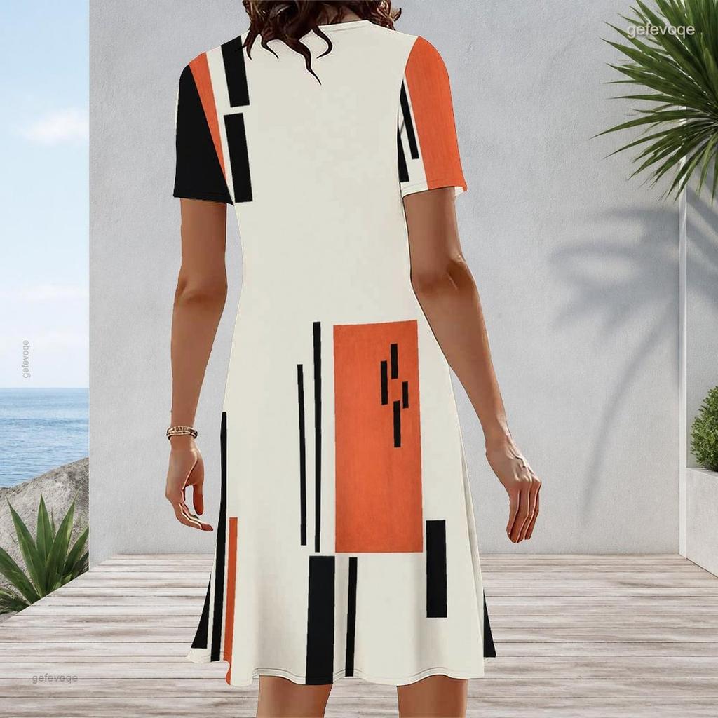 Women Plus Size Round Neck Short Sleeve Geometric Printed A Line Dress