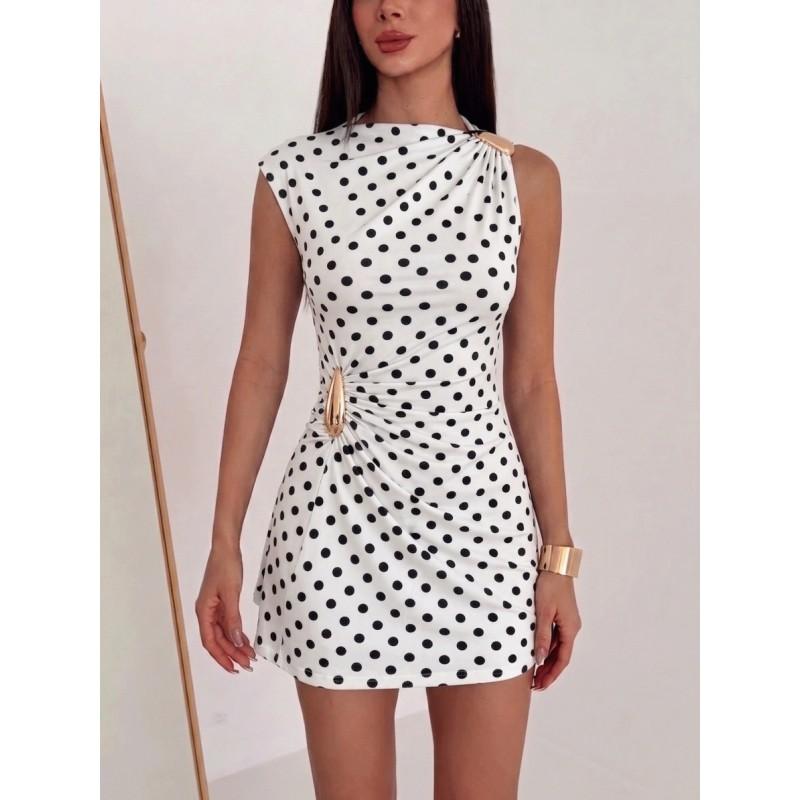 2026 Womens Elegant Metal Buckle Pleated Slim Fit Bodycon Midi Dress