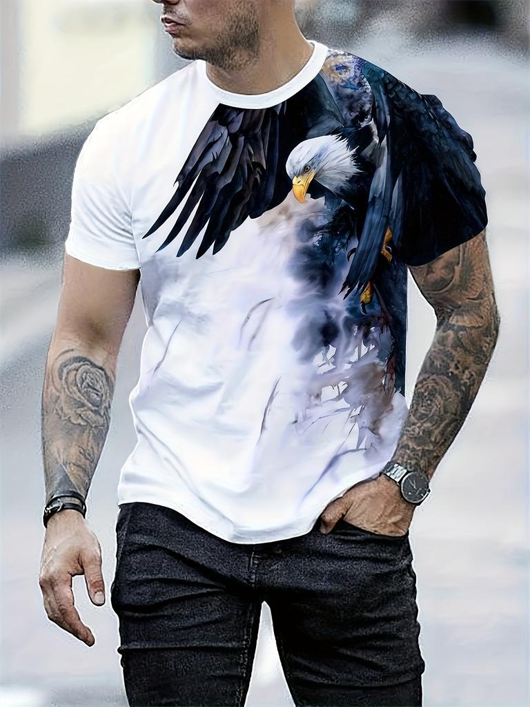 Herren Sommer Mode Nummer Adler und Aquarell Marker Muster Rundhals Kurzarm T-Shirt Modisches Casual Oberteil