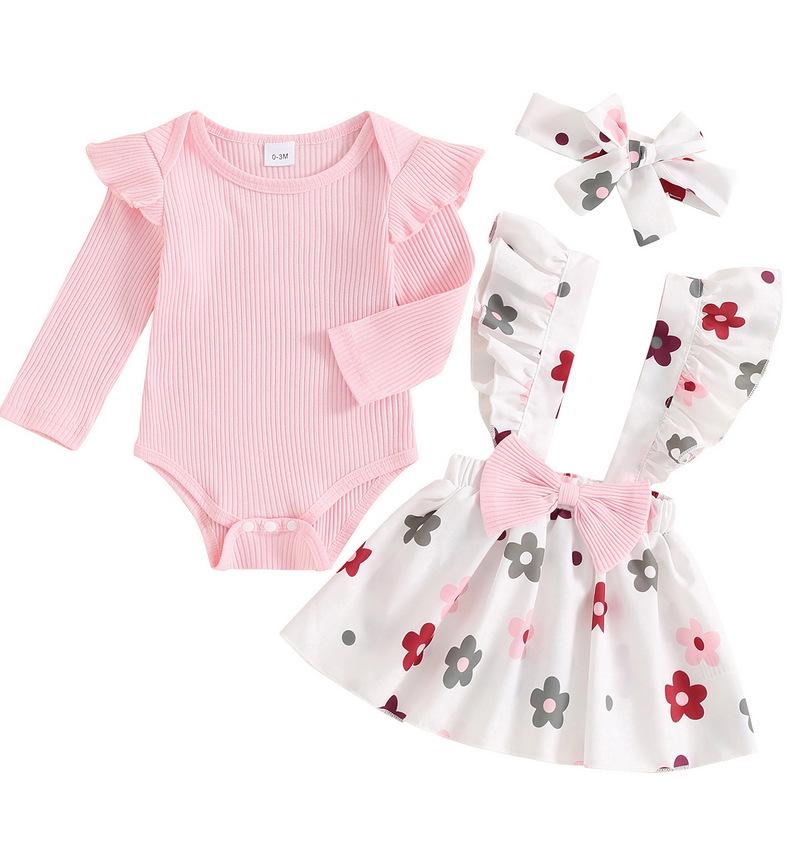 European & American Pastoral Style Infant Romper 3-Piece Set: Bow Floral Suspender Skirt