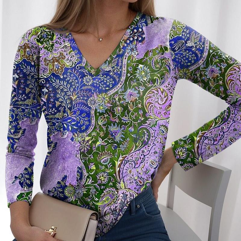 Spring and Autumn V-neck 3D Paisley Printed Top Fashionable Casual Long Sleeved Women's T-shirts