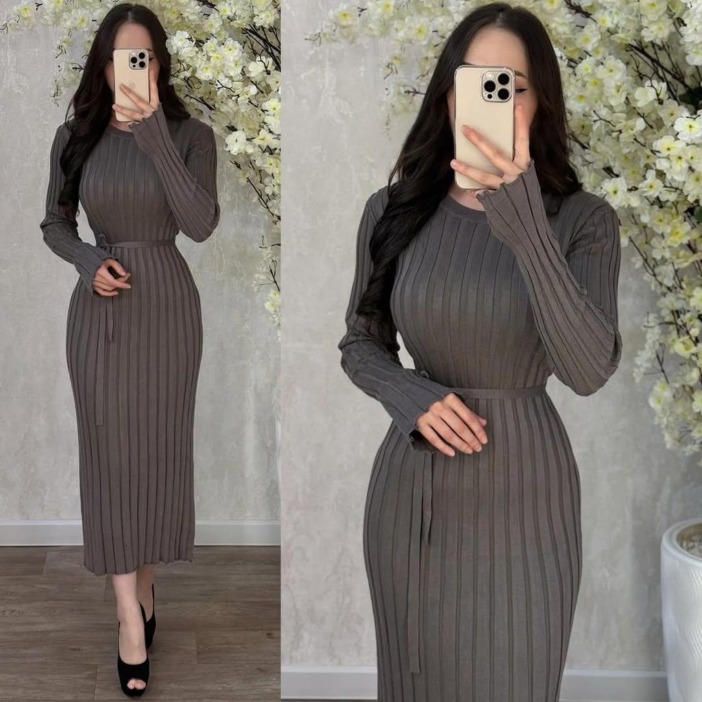 Amazon 2025 Autumn and Winter New Knitted Dress Casual Waist Round Neck Big Pit Strip Thin Knitted Dress Women