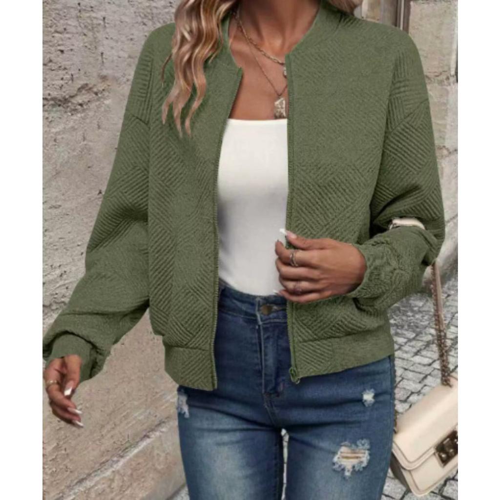 Women's Band Collar Long Sleeve Bomber Jacket Regular Fit Casual Zip Up Quilted Cardigan