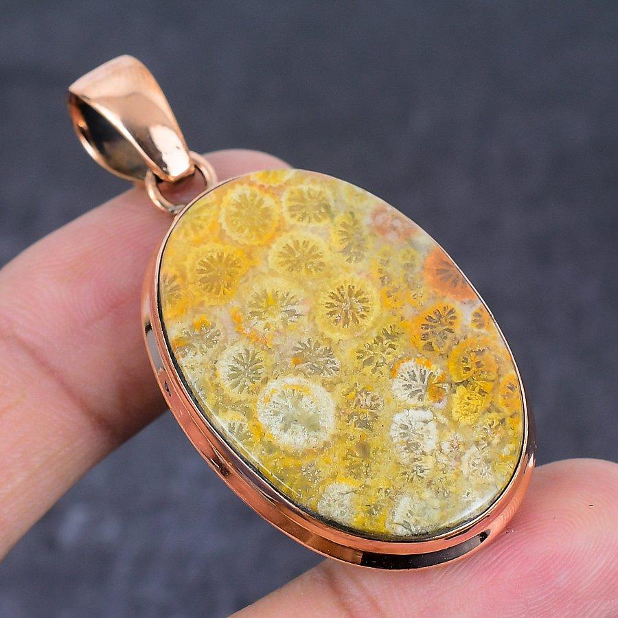 Fossile Koralle Handgefertigter Kupfer Schmuck Anhänger 2,17" c3o57