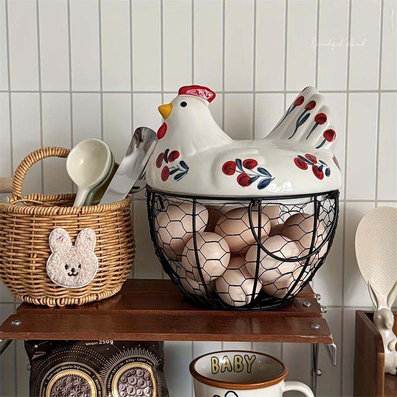 1pc Farmhouse Hen-Shaped Ceramic Egg Baske -Ceramic Egg Holder with Lid,Rustic Kitchen Organizer for Fruits/Veggies