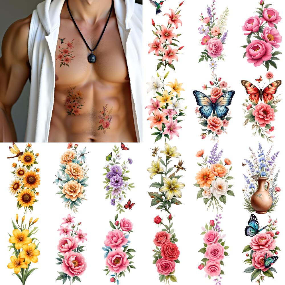 28pcs Temporary Tattoo Decorative Stickers Colorful Flower Stickers Waterproof Long-lasting Body Stickers For Arms Thighs