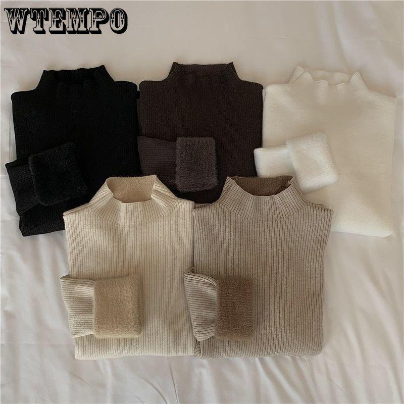 WTEMPO Thickened Sweater Women's Turtleneck Fleece Lined Knitting Top Long Sleeve Pullover Y2k Jumper Autumn Winter Knitwear