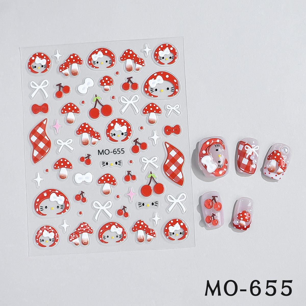 3D Embossed Cartoon Cat Nail Stickers: Hat-Wearing Kitty, Leopard Print, Bow, and Red Mushroom Designs