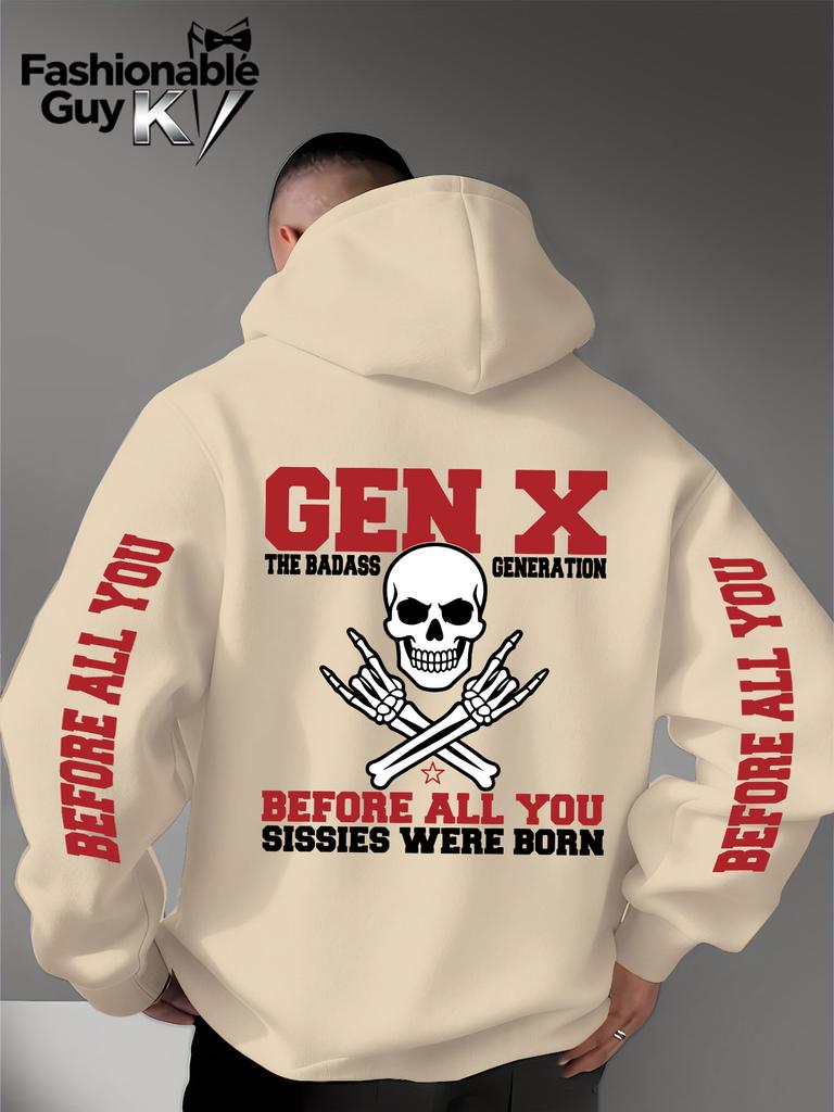Gen X Totenkopf Knochen Rock Geste Print Herren Hip Hop Sportlicher Hoodie, Seiten Vertikaler Buchstaben Slogan Rückendesign, Locker Punk Street Sweatshirt
