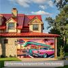 One 2D Background Banner a Classic Pink Car In a Restaurant Scene Garage Polyester Fiber Background Cloth