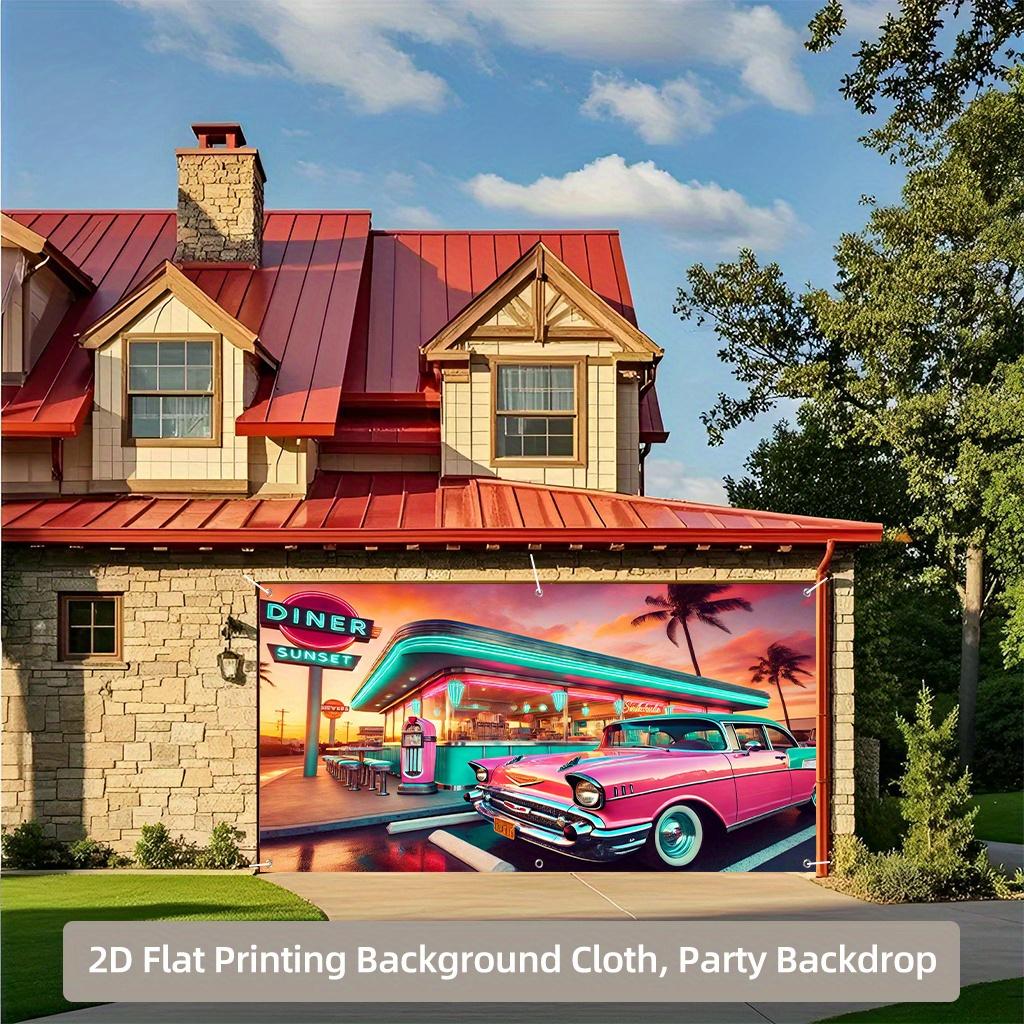 One 2D Background Banner a Classic Pink Car In a Restaurant Scene Garage Polyester Fiber Background Cloth