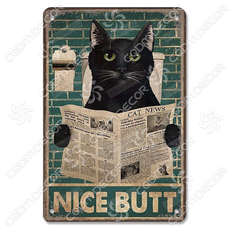 Black Cat Tin Sign Metal Plaque Read Books Drink Wine Pet Metal Poster Vintage Wall Decor for Coffee Shop Kitchen Bathroom Home