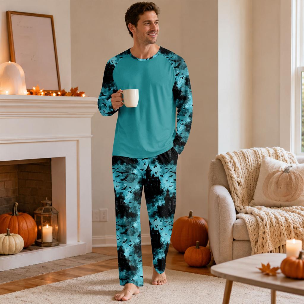 Men's Halloween Pajama Set with Long Sleeve Round Neck Top and Pants for Comfortable Sleep