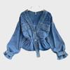 Women's Autumn Beaded V-Neck Denim Jacket - Korean Loose Fit, Versatile Fashion, Slimming Short Top