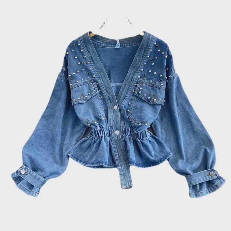 Women's Autumn Beaded V-Neck Denim Jacket - Korean Loose Fit, Versatile Fashion, Slimming Short Top