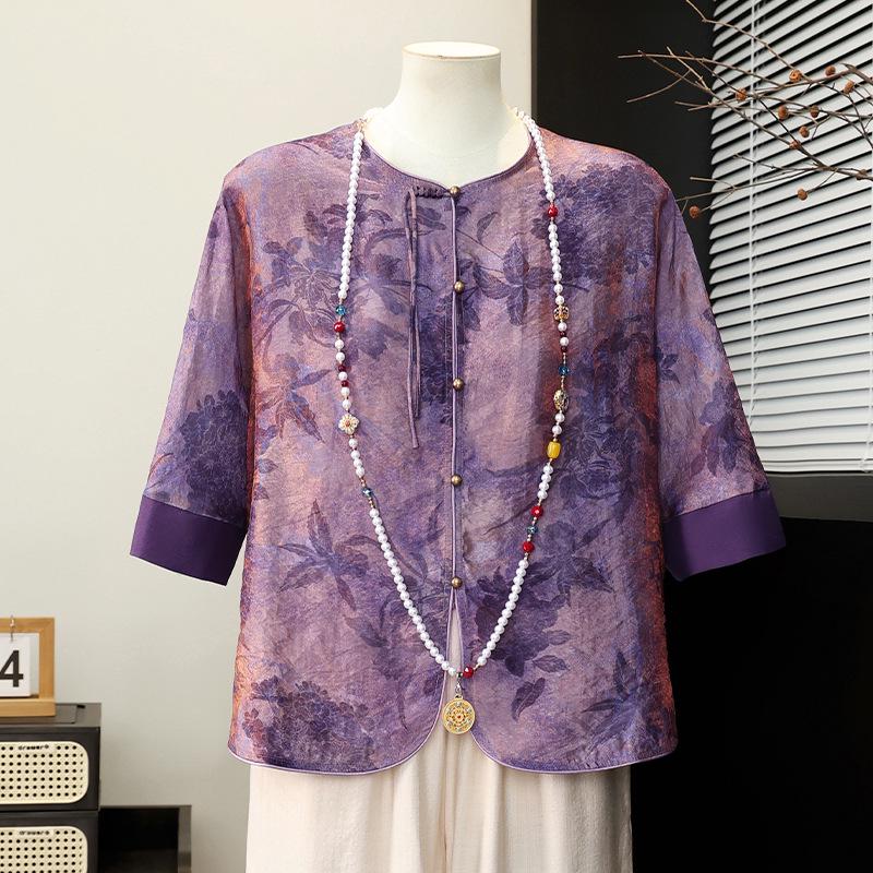

Elegant Summer Chiffon Blouse Set: Short-Sleeved Chinese Style for Middle-Aged & Elderly Women 3XL (120-135 jin)