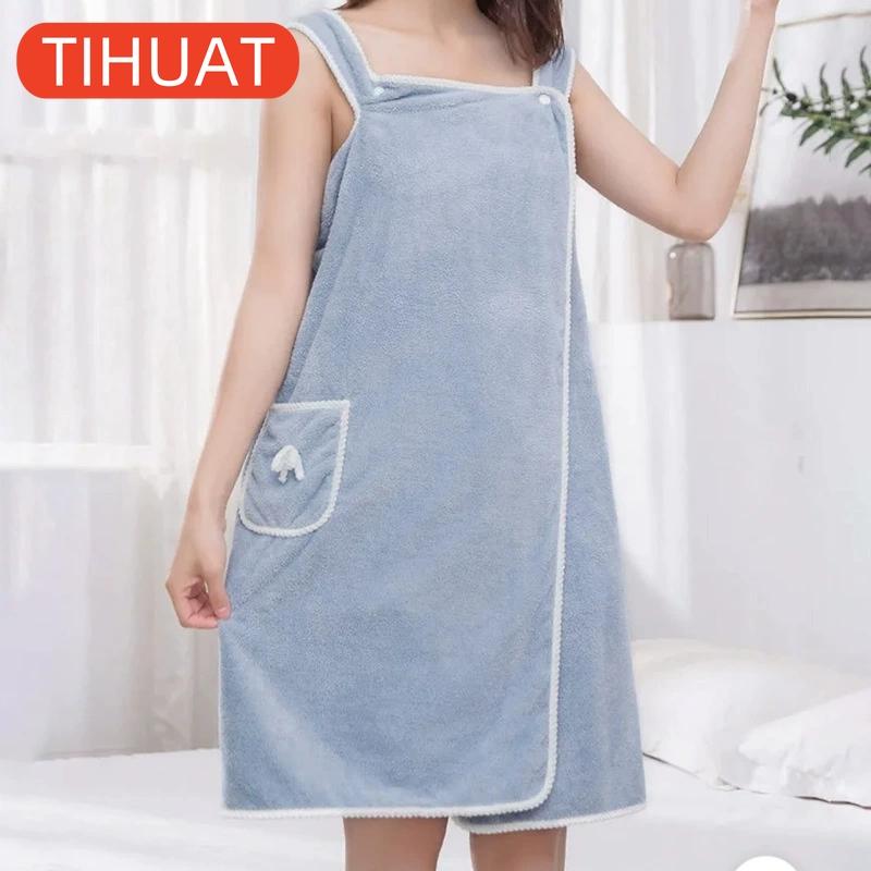 

1 шт. Портативное банное полотенце Впитывающее Быстросохнущее Банный халат с карманами Декор в виде банта Банное полотенце Аксессуары для ванной 80*135cm синий