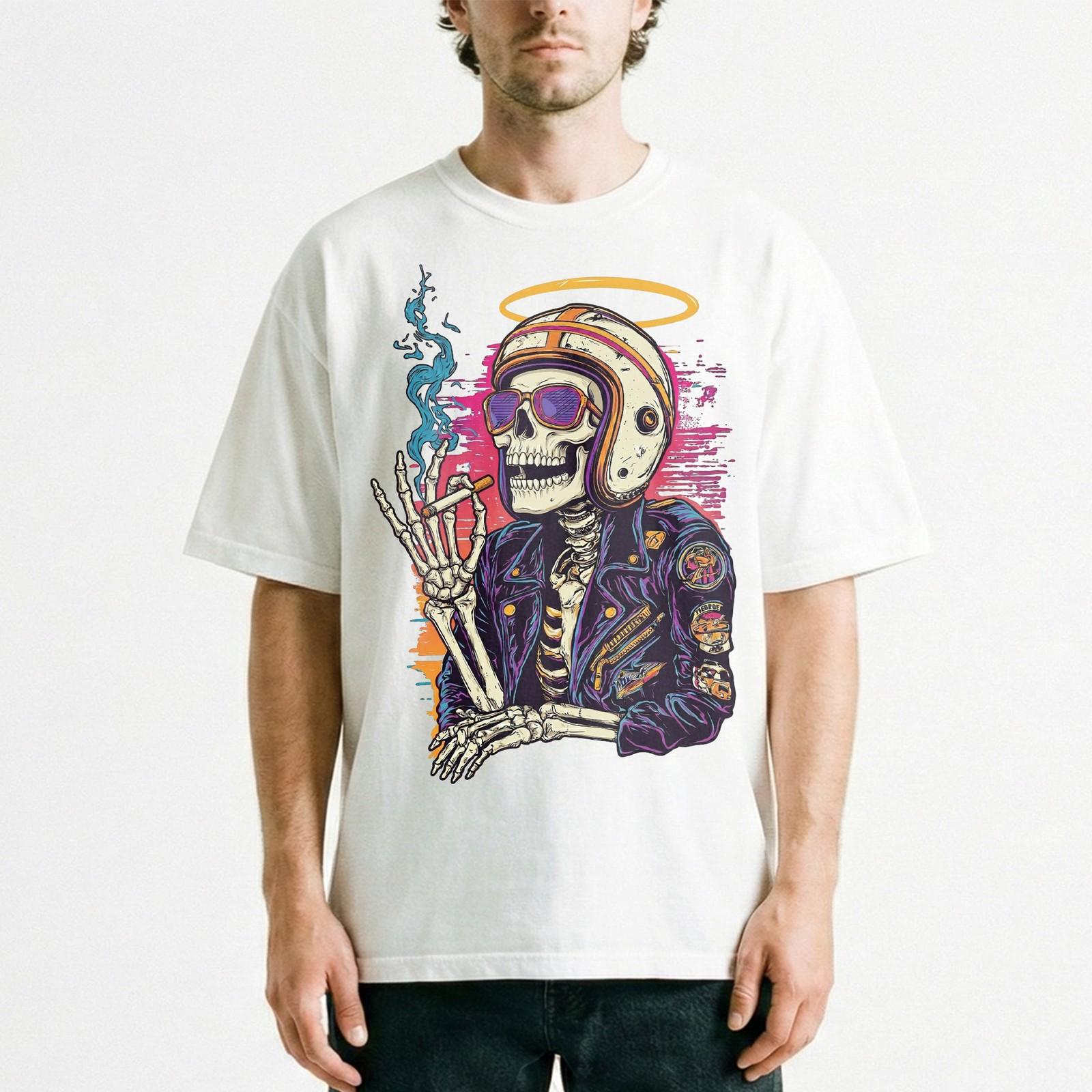 Skeleton Biker Helmet Sunglasses Smoking Cigar T-Shirt Motorcycle Rider Tee S