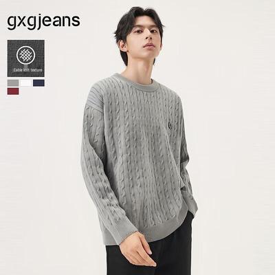 GXGJEANS Men's Embroidered Cable Knit Crew Neck Sweater