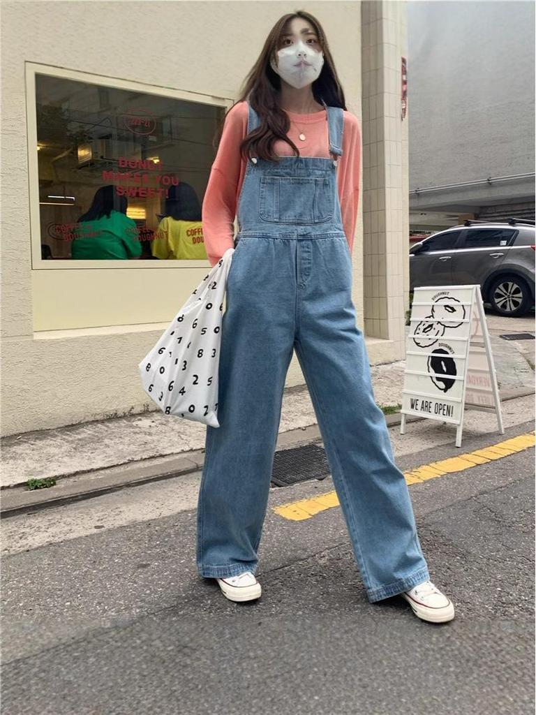 Women's Retro Denim Wide-Leg Overalls – High Waist, Floor Length, Korean Style Jumpsuit for Spring/Autumn