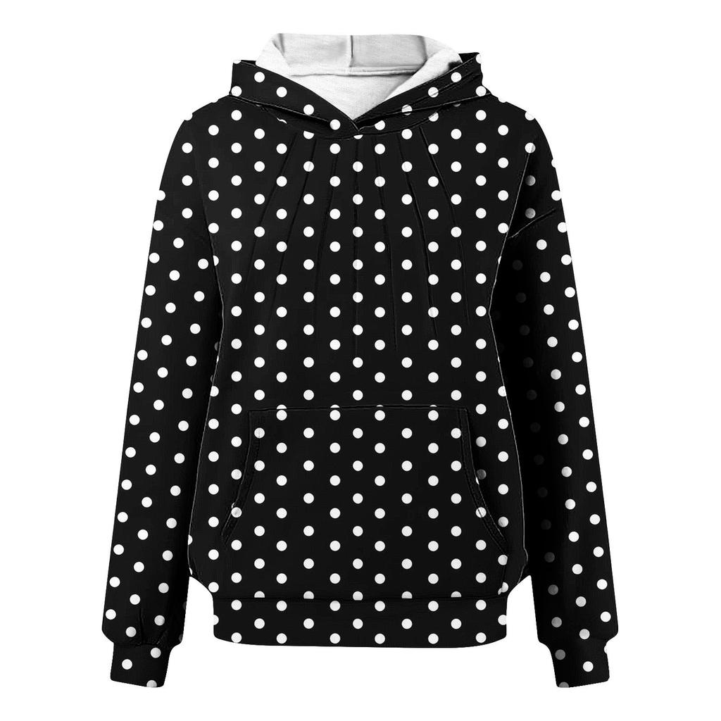 Damen Plissiertes Gepunktetes Langarm Kapuzensweatshirt