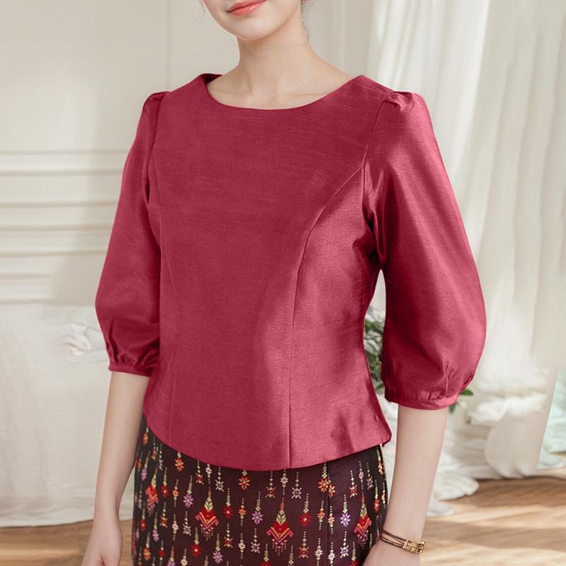 

ZANZEA Womens Solid Color Casual Round Neck 3/4 Sleeve Blouse S красный