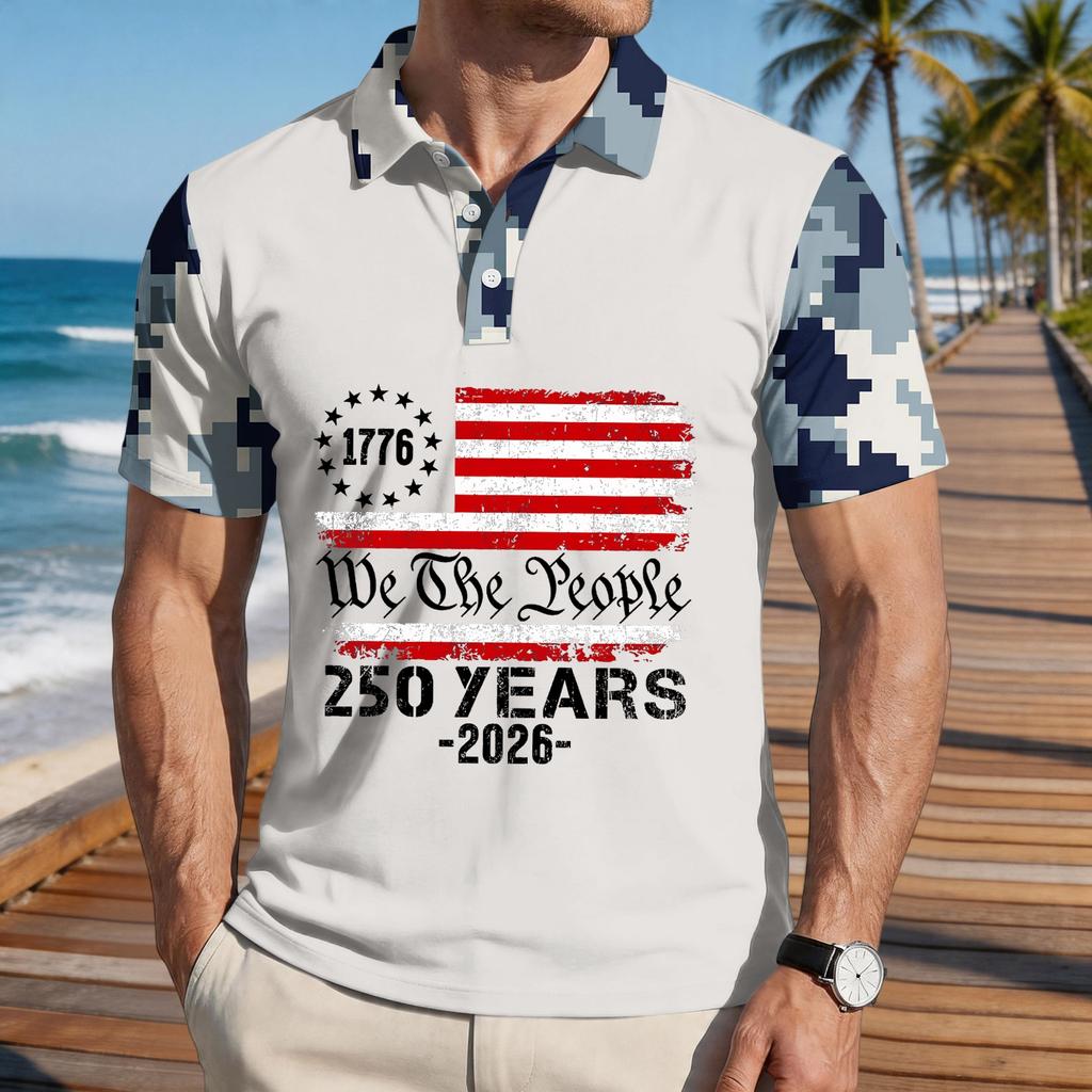 Men's Loose Fit Casual Short Sleeve Polo Shirt with Digital Camouflage Sleeves and Printed Flag Graphic 250 Years Commemorative Design