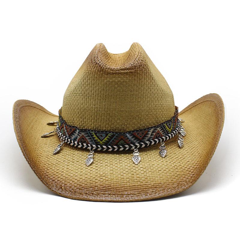 Этнический Стиль Декорация Двухцветная Краска-Спрей Западная Изогнутая Поля along Деним Весна и Лето Жесткая Соломенная Шляпа Федора M（56-58cm） хаки