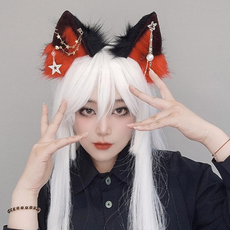 Wolf Ears Handmade Animal Furry Kitten Headband Star Tassels for Masquerade