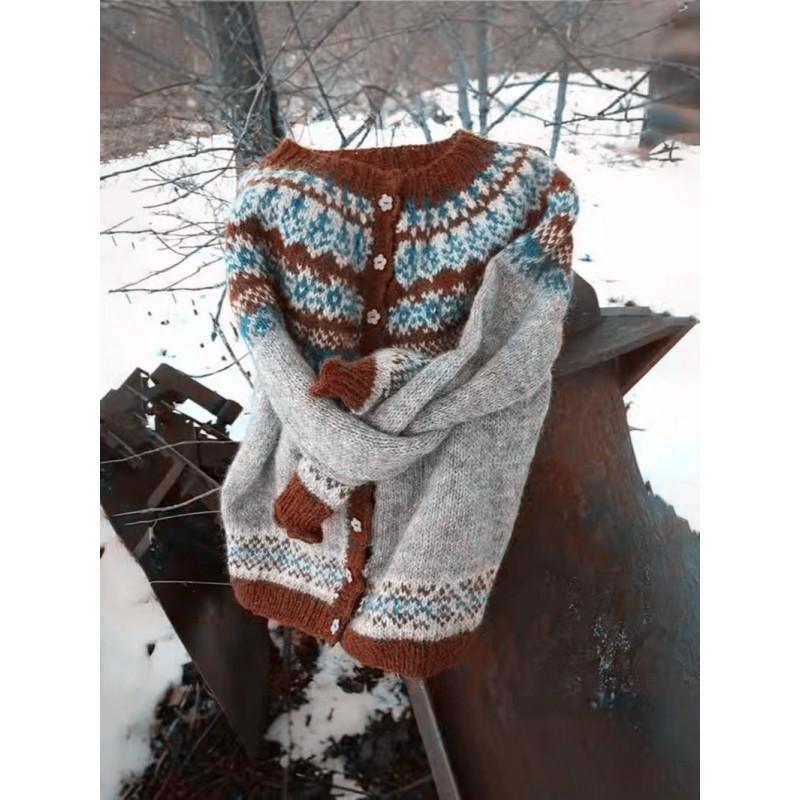 Womens Color Block Knit Cardigan Loose Fit Long Sleeve Geometric Casual Commute Style