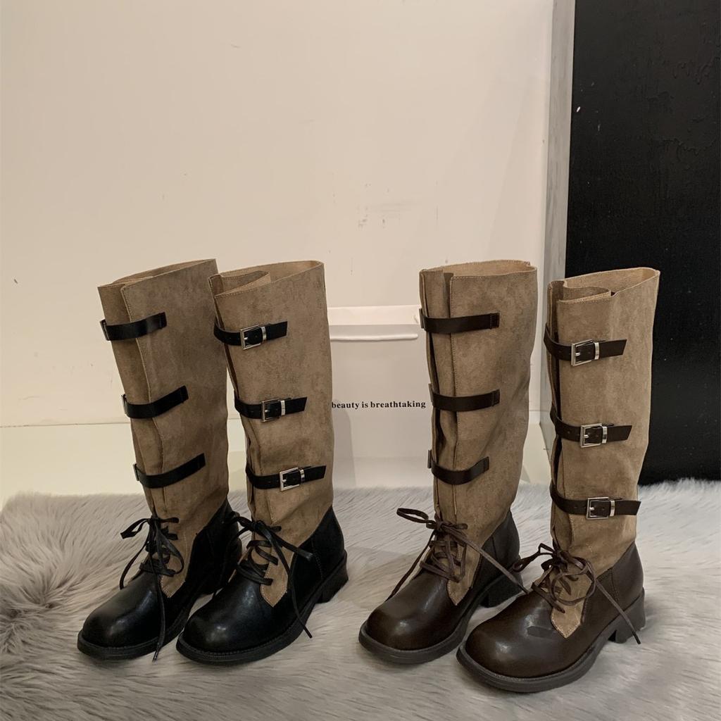 Sheepskin version~ retro style belt buckle boots women's autumn and winter new thick-soled high boots strap knight boots