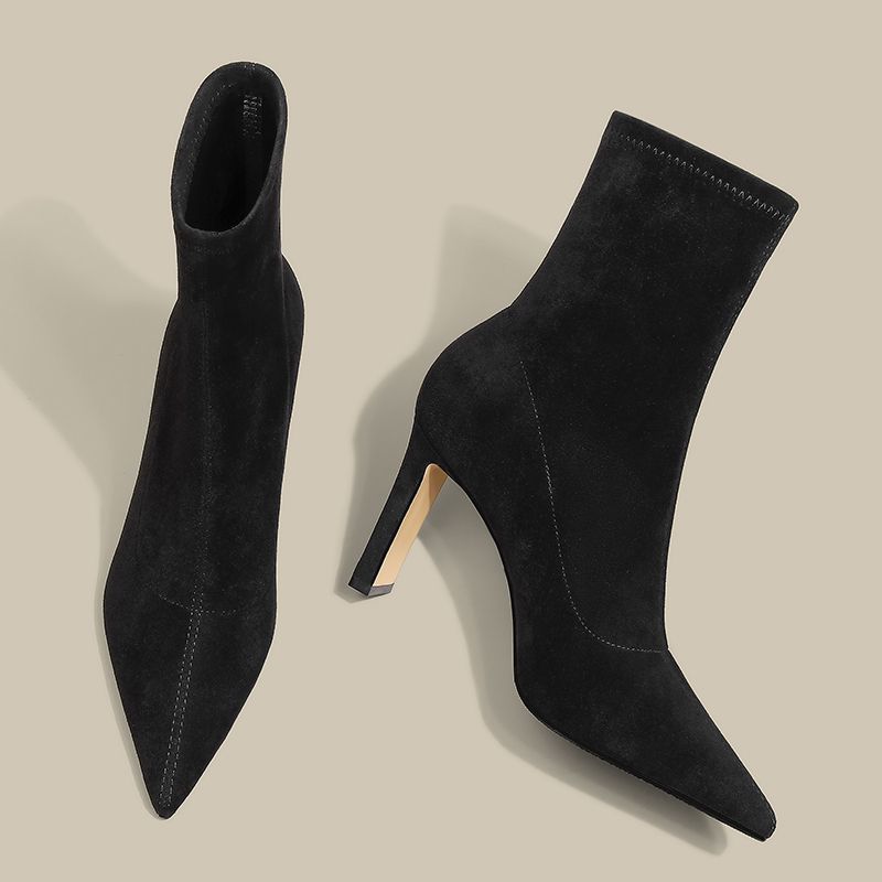 Suede boots women's autumn and winter pointed head high heel thin boots short boots women's 2025 new nude elastic foreign style super versatile