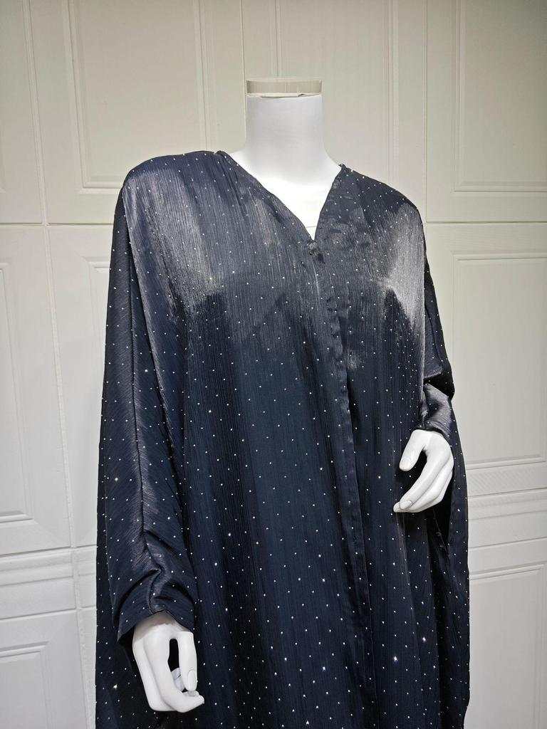 MQ197 Modest Dubai Abaya Set: Long Robe Coat with Hot Drill Details & Headscarf