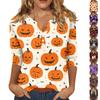 Women's Halloween Printed V-Neck Short Sleeve Tunic with Button and 3/4 Sleeves for Casual Fall Wear