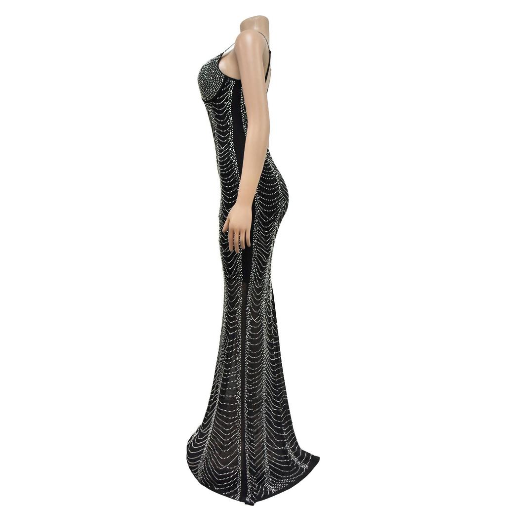 Women's Fashion Long Dress: Solid Color Mesh with Hot Drilling and Strappy Design