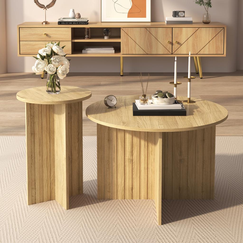 Modern 2-Piece Wood Nesting Table Set – Round Couch Tables & Coffee Tables in Scandinavian Design, Space-Saving, Sturdy MDF/PB Construction