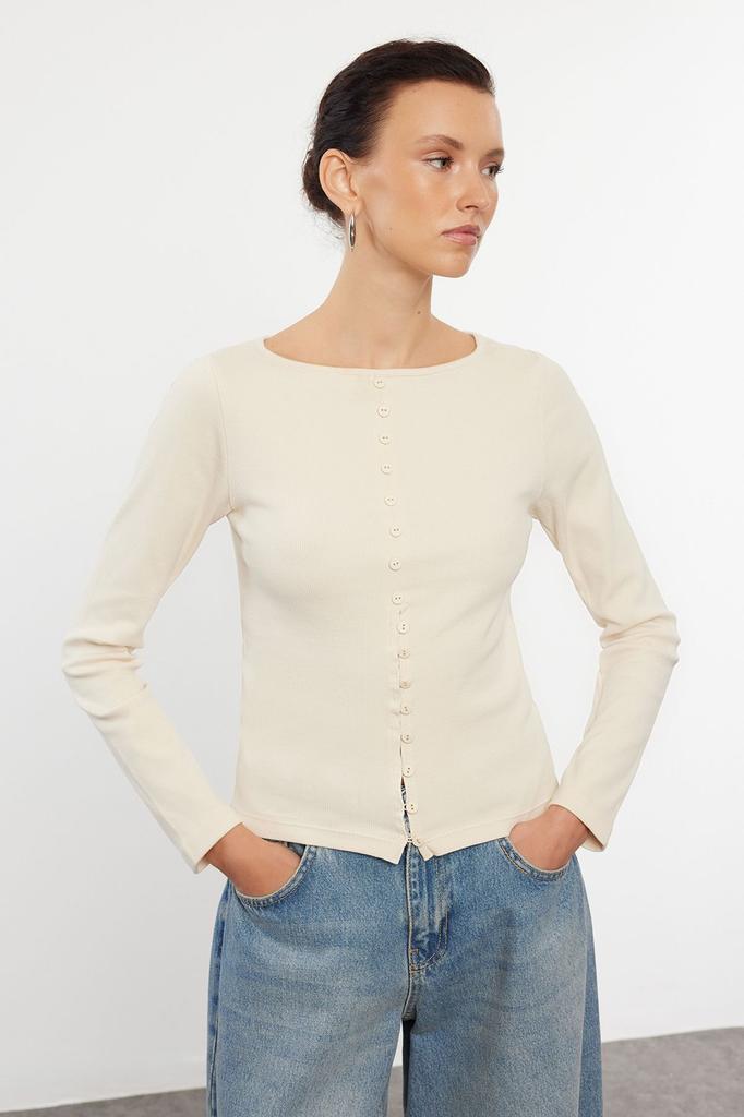 Women's Fashion Black Button Detailed Crew Neck Ribbed Flexible Regular Length Knitted Blouse