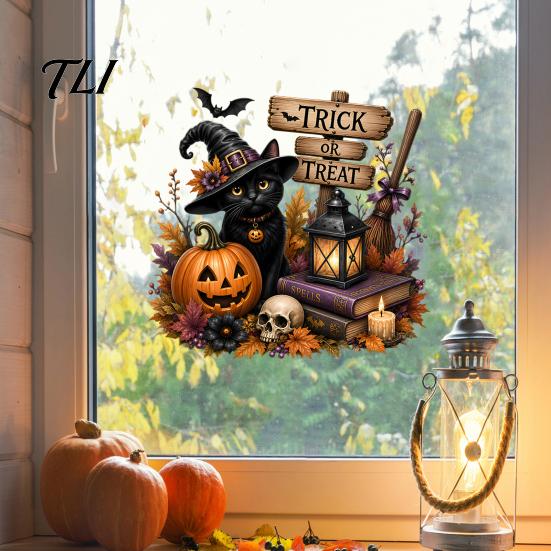 Static Cling Decals Halloween Witch/Black Cat Glass Stickers, Double-sided PVC Waterproof Window Clings, Removable Decor with Pumpkins Skulls