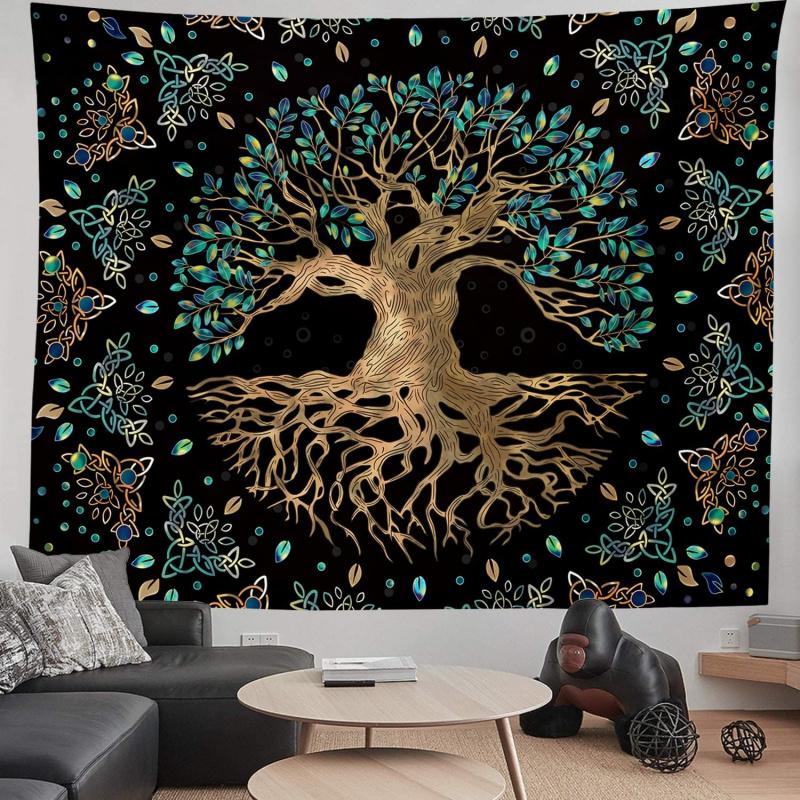 VIKAMA Tree of Life Black Gold Tapestry Blue-Green Gradient Esoteric Artwork Living Room & Bedroom Feature Wall Decoration